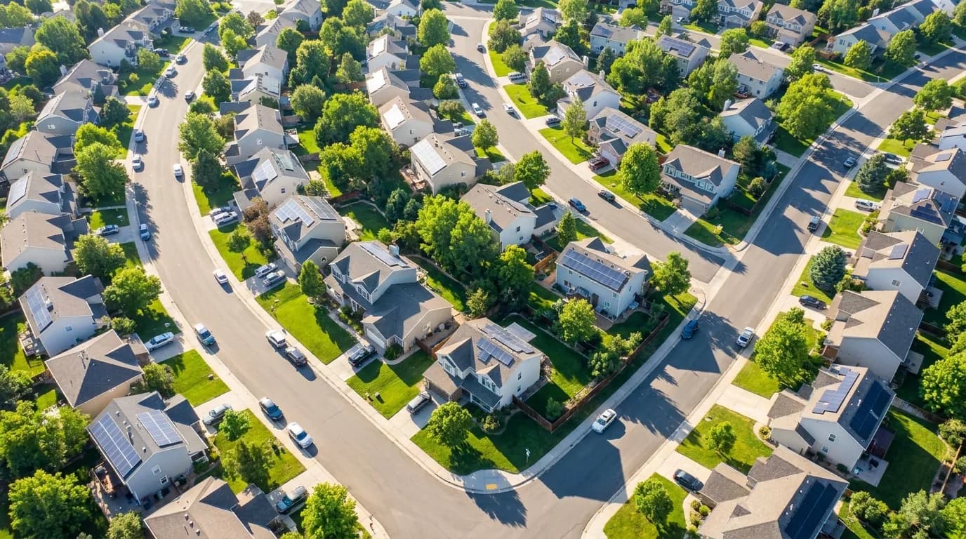 Aerial view of a residential neighborhood with solar panels installed on rooftops