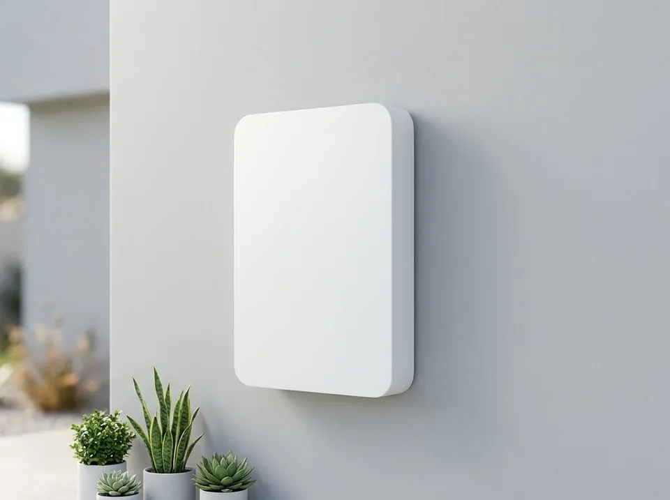 Home battery storage unit mounted on a garage wall